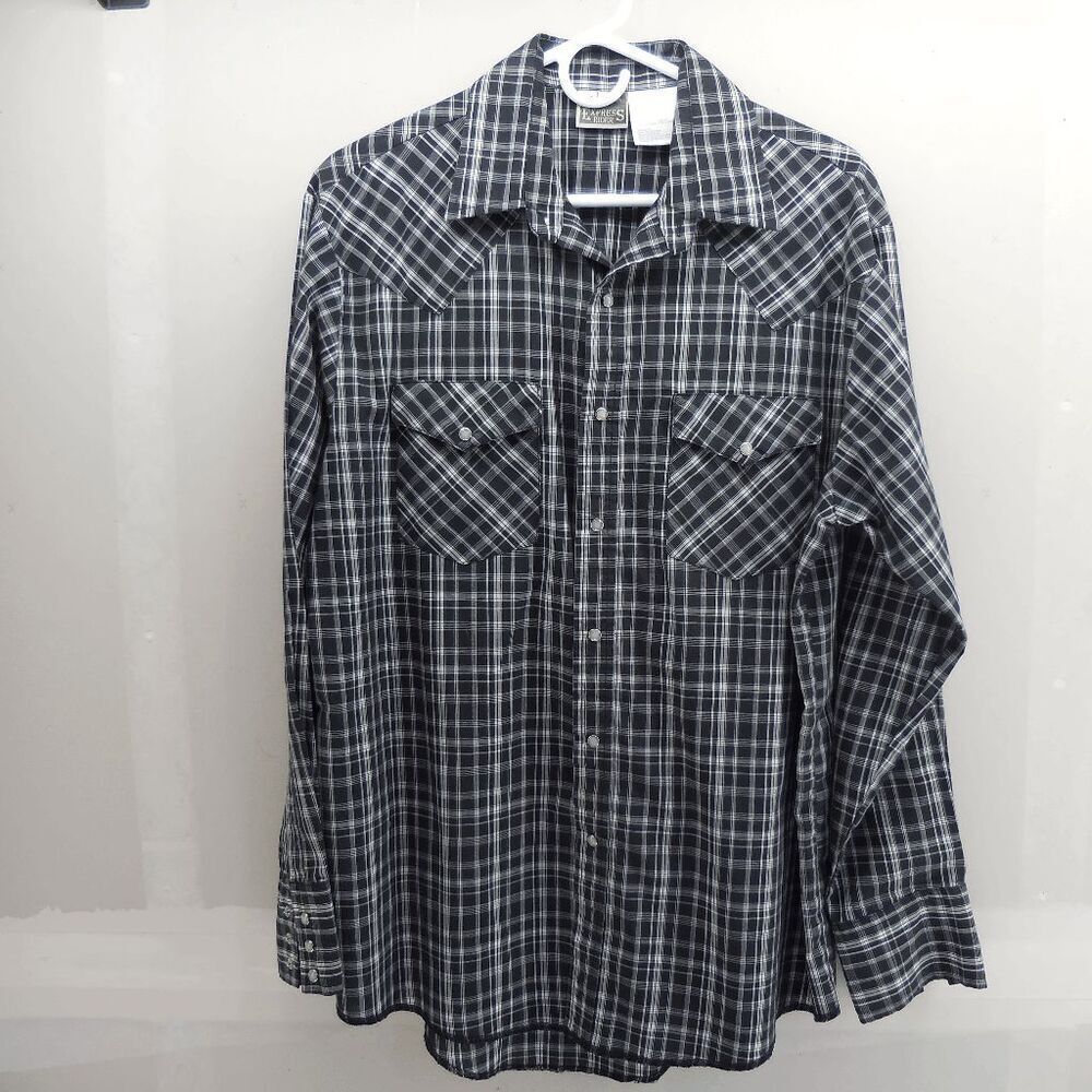 Express Rider Pearl Snap Shirt Mens Size Large Long Sleeve‎ Black Western Plaid